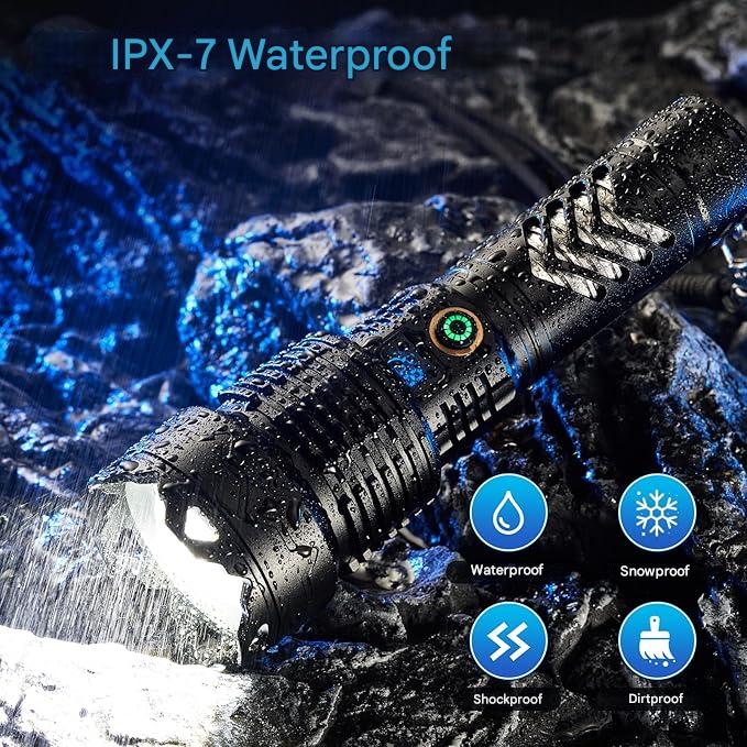 Lanterna tactica LED, din aluminiu, 50000 lumeni, profesionala, focus ajustabil, 5 moduri iluminare, acumulator inclus de 5000 mAh, rezistenta la apa IPX7, incarcare USB, sursa XHP360 negru