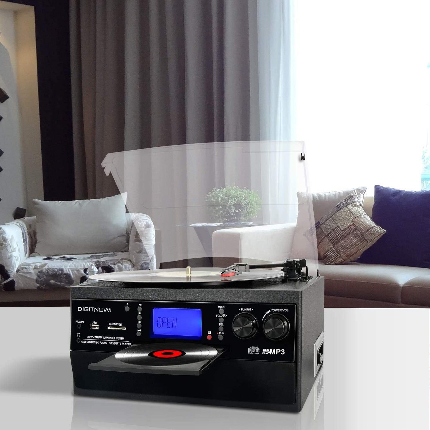 Pick-up 9 in 1 cu Bluetooth, conversie in MP3 prin USB, redare Disc vinyl, USB SD MMC, CD player, casetofon, radio AM/FM, cu telecomanda, mufa pentru casti si intrare auxiliara iesire RCA, platan vinyl cu 3 viteze, difuzor stereo incorporat