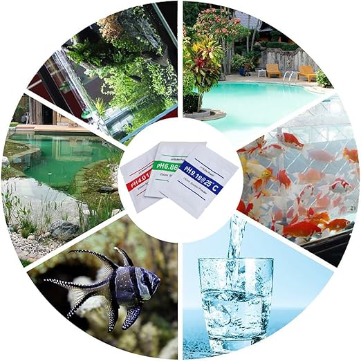 Set solutii calibrare pentru pH-metru, precizie de ±0, 01 unitati de pH la 25°C, stabil, 18 plicuri x pH 4, 01, 6, 86 si 9, 18, pentru testarea apei din piscina, testarea hidroculturii pentru acvarii