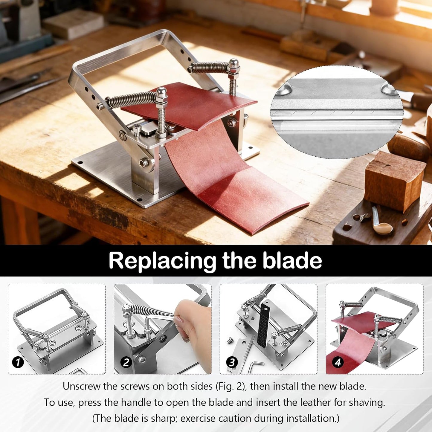 Masina de subtiat pielea, din otel inoxidabil, aparat manual pentru prelucrare piele, 10 lame interschimbabile, reglaj grosime 0, 1 mm, latime lucru 8 cm, maner antiderapant, utilizare manuala sau pe banc, pentru atelier si artizanat piele