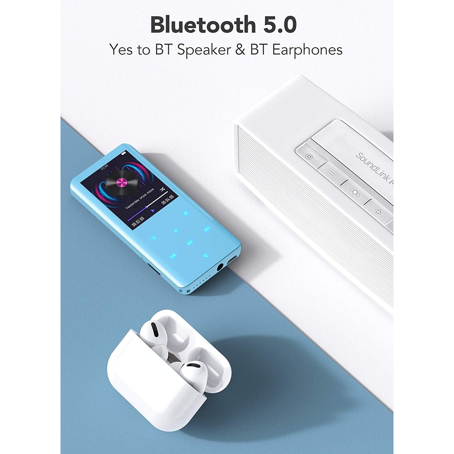MP3 Player 32 Gb cu Bluetooth 5.0, sunet HiFi, ecran curbat de 2.4 inch, butoane tactile, radio FM, inregistrare, cu difuzor, suporta card pana la 128 Gb, albastru
