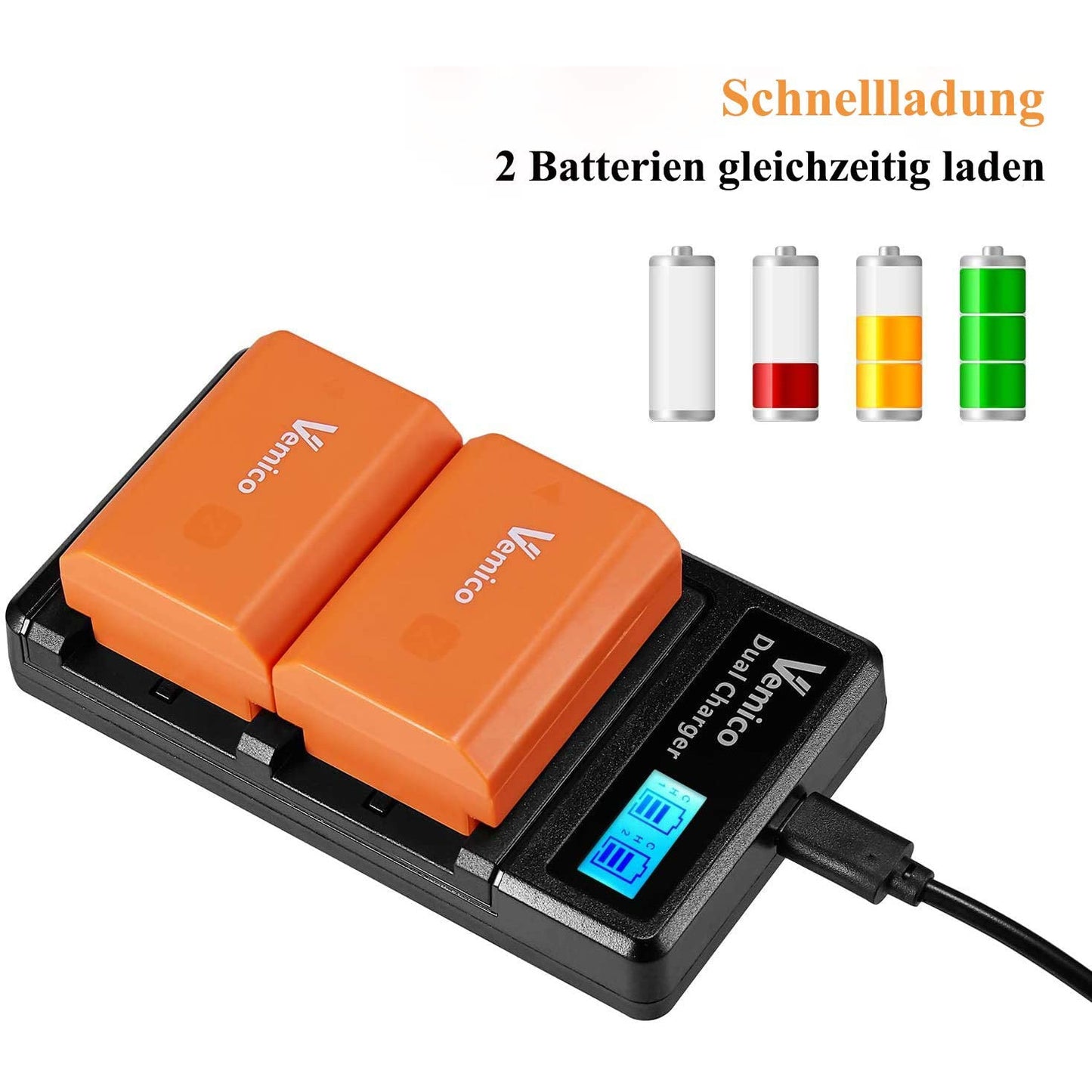 Set 2 acumulatori NP-FZ100, 2280 mAh, incarcator cu display LCD, pentru Sony A7III/A7R III/A9/A9S/A9R/Alpha 9/A7R3/A6600