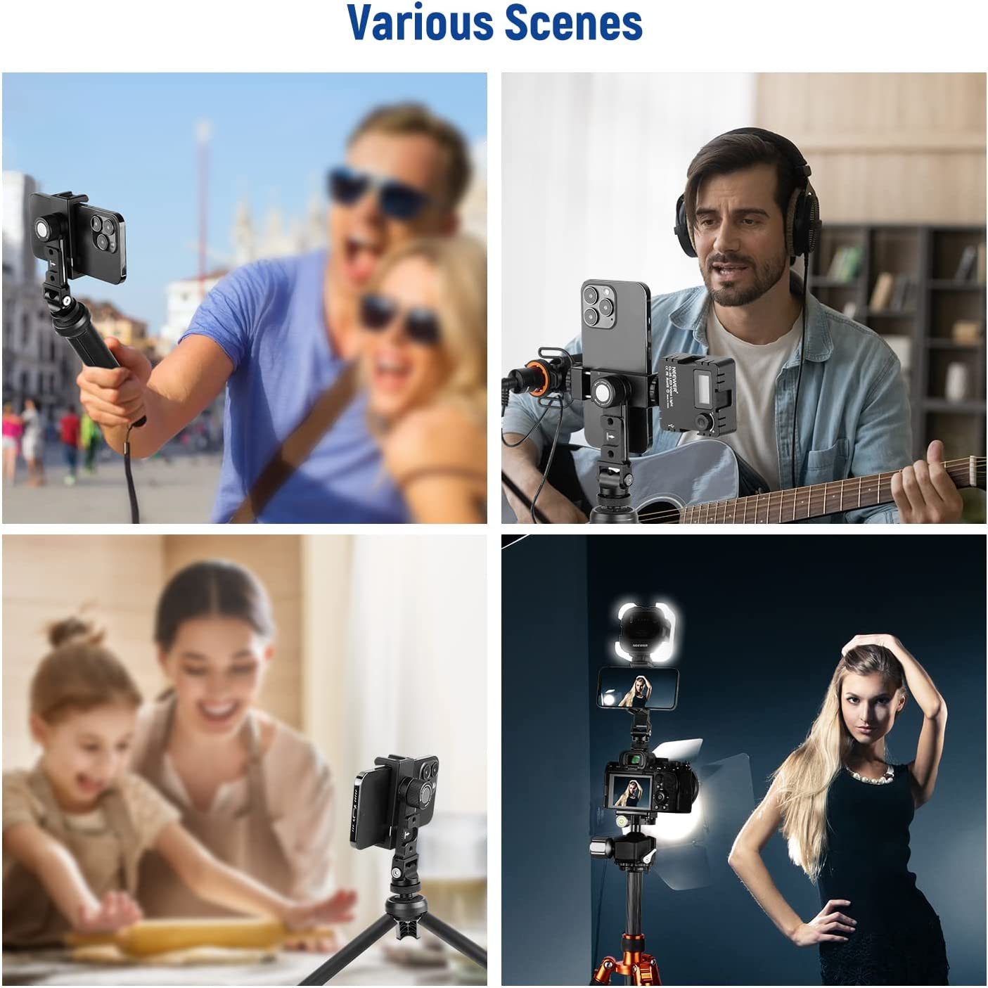 Suport de telefon cu 4 monturi cold shoe si 3 filet de 1/4 inch, rotatie orizontala 360° si inclinare 180° pentru smartphone, streaming, vlogging, inregistrare