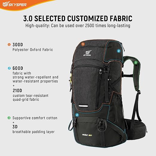 Rucsac de drumetie 50 litri, impermeabil, cu husa anti ploaie, compartiment pentru sac de dormit, spate respirabil, cu centura de talie, pentru trekking, camping, excursii