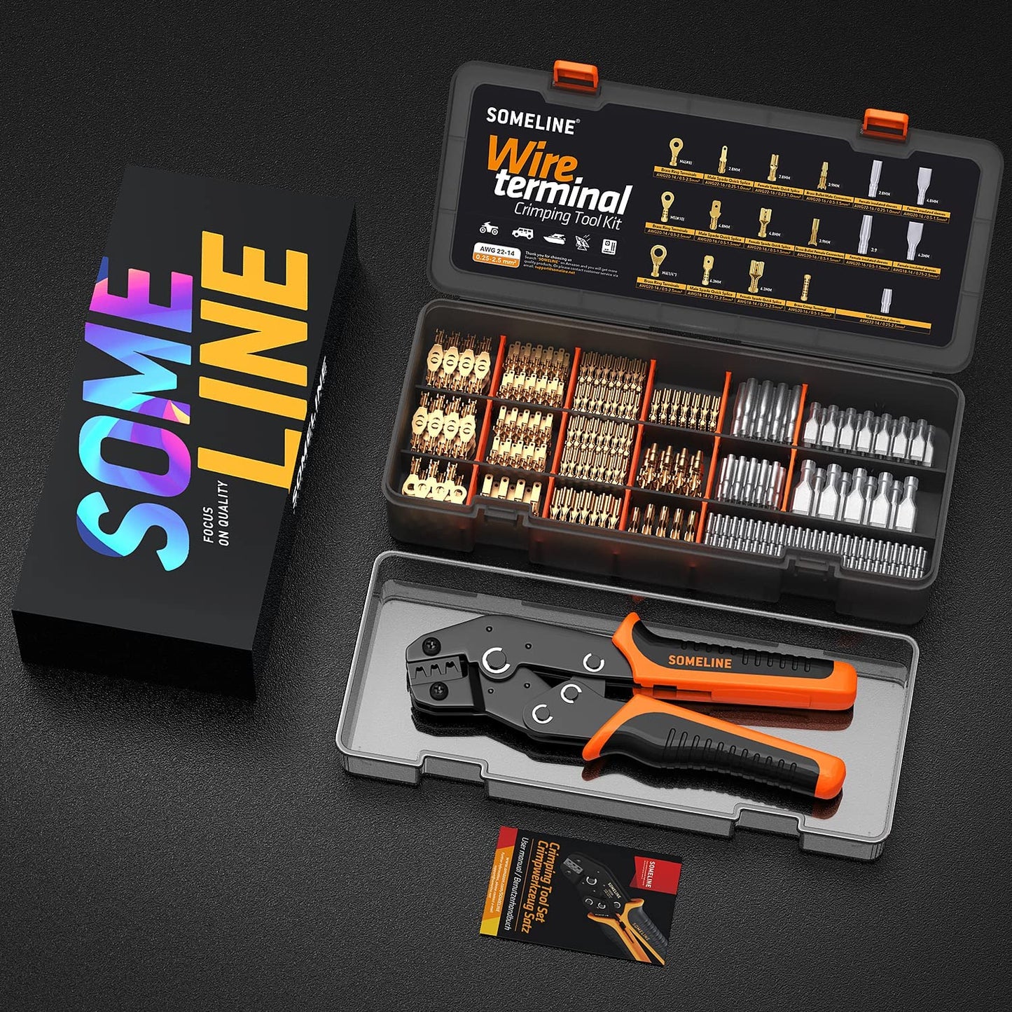 Set cleste de sertizat pini conectori cu 240 terminale conductori 0,25 - 2,5 mm², conectori mama-tata cu mansoane de protectie, cu cutie de depozitare si transport