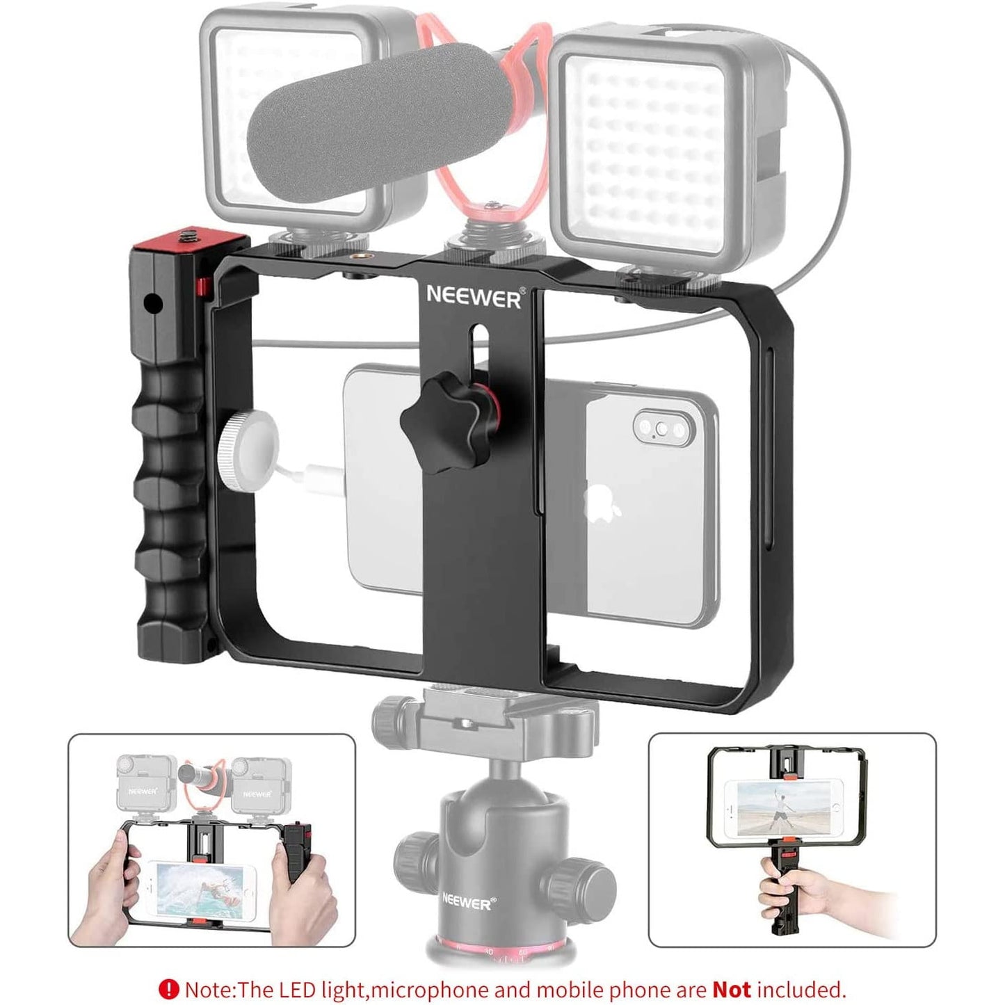 Cadru video rig pentru smartphone cu filet 1/4, utilizare orizontala sau verticala, montare trepied, din Aluminiu prelucrat CNC, pentru iPhone 11 Pro, 11 Pro Max, X, Xs, Huawei, Samsung