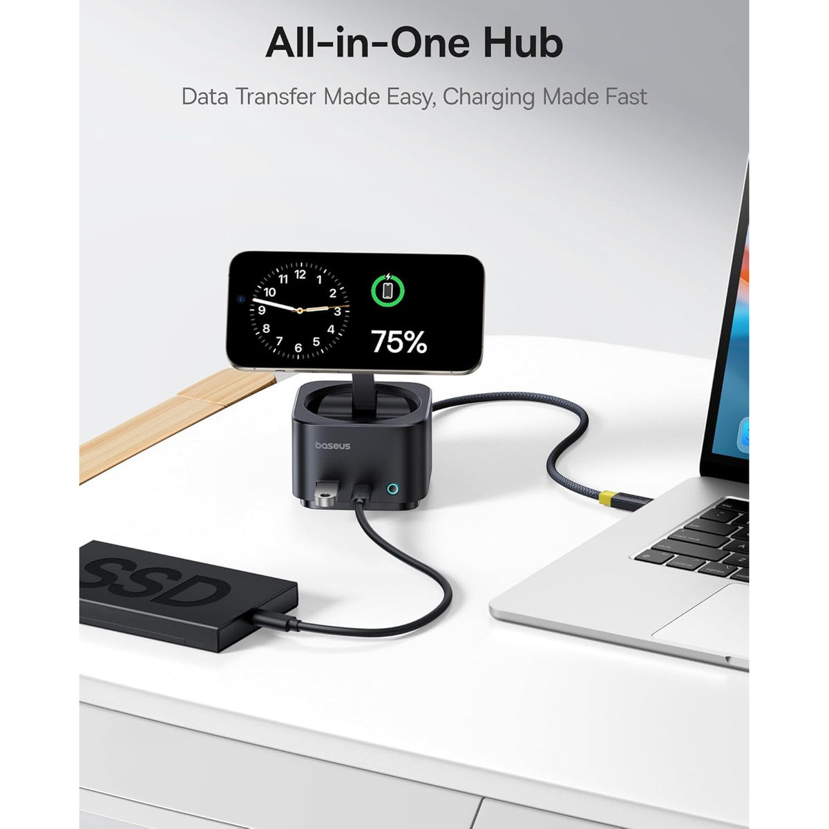 Statie de andocare 7 in 1 cu incarcator wireless Magsafe Qi2 15W, port HDMI 4K @ 60Hz, USB-C 100W PD, USB A 3.2 10 Gbps, slot card SD/TF, compatibil cu iPhone 16/15/Mac/Dell/HP/Surface