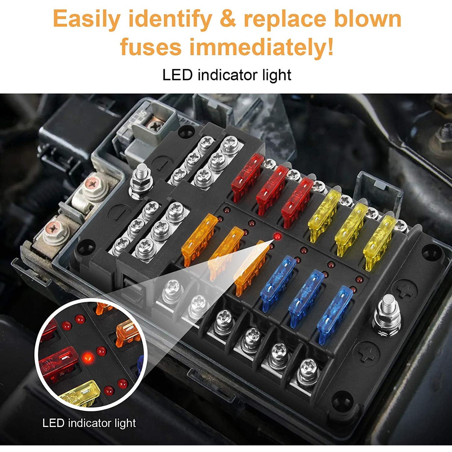 Set tablou sigurante auto cu 12 iesiri, cu sigurante 5A 10A 15A 20A cu indicator LED si capac de protectie, pentru masina, barca, autoutilitara, camion