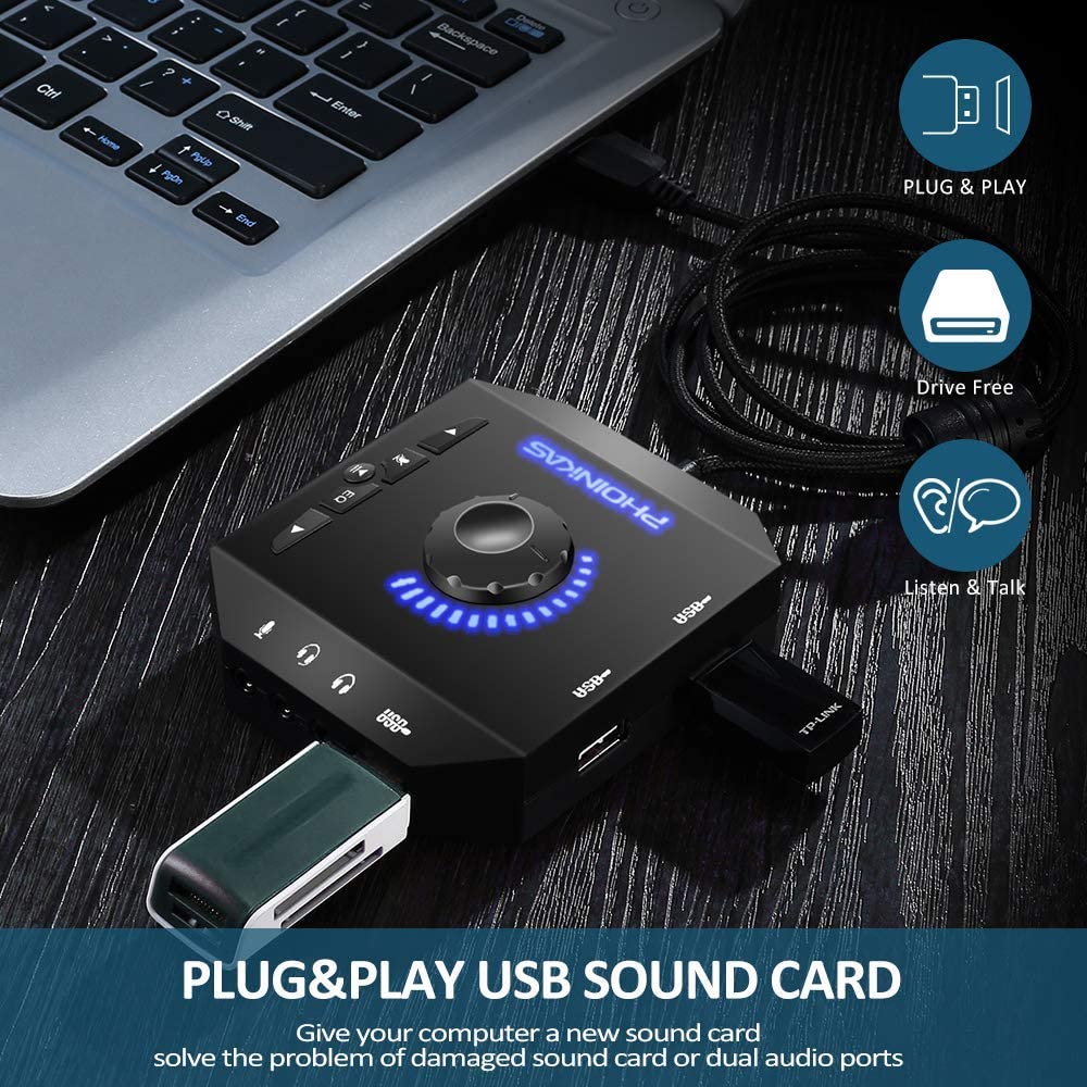 Placa de sunet externa USB, 3 in 1 amplificator, conectare casti si microfon, hub USB, cu egalizator, buton mute, plug and play, pentru Windows, Mac, Linux, laptop, desktop