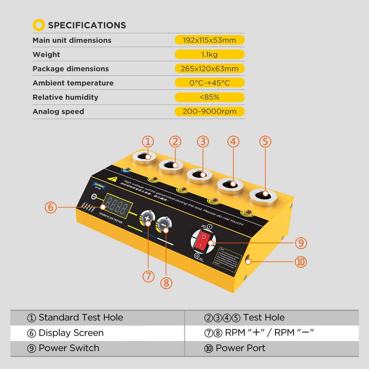 Tester bujii auto cu 5 socluri, AUTOOL SPT360, pentru masina si motocicleta, 200-9000 rpm, cu display LCD, 195 x 115 x 53 mm