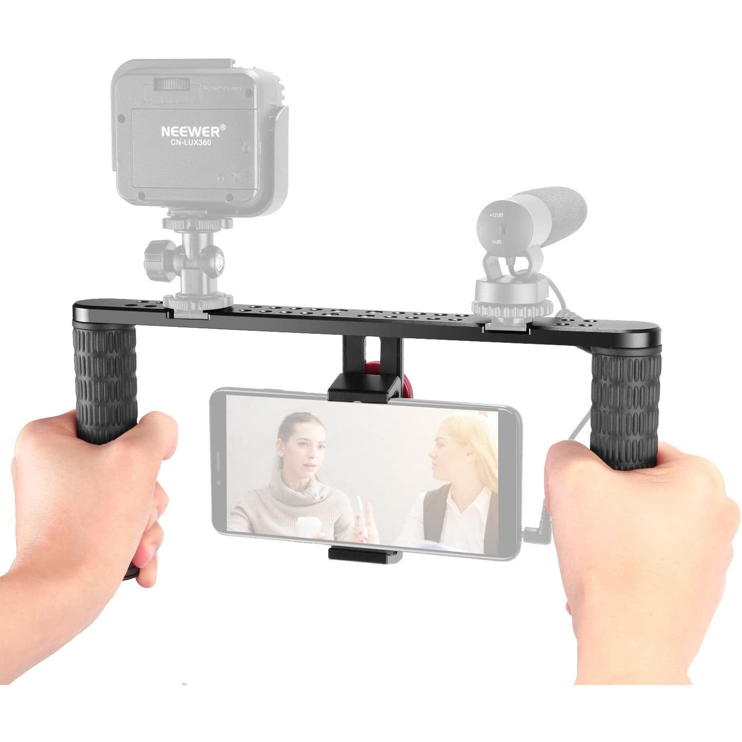 Cadru video rig pentru smartphone, cu 2 manere, 2 cold shoe mount, multiple fileturi 1/4, compatibil cu telefon cu latime pana in 9.4 cm