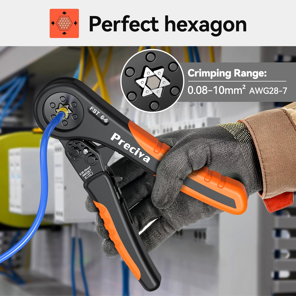 Cleste de sertizare hexagonal Preciva 0, 08-6 mm² + 2000 ferule pentru capete de sarma - Reglare automata, clichet cu blocare fortata, presiune reglabila, trusa profesionala pentru conectori izolati si neizolati