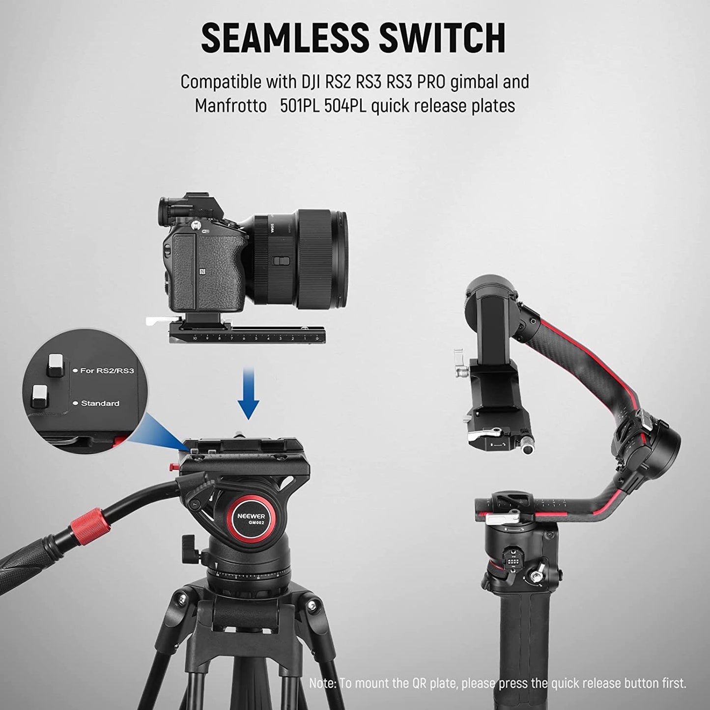 Cap video fluid pentru trepied, monopied sau slider, cu placa eliberare rapida, maner telescopic, baza gradata pentru panorama, pentru camere video, Neewer GM002