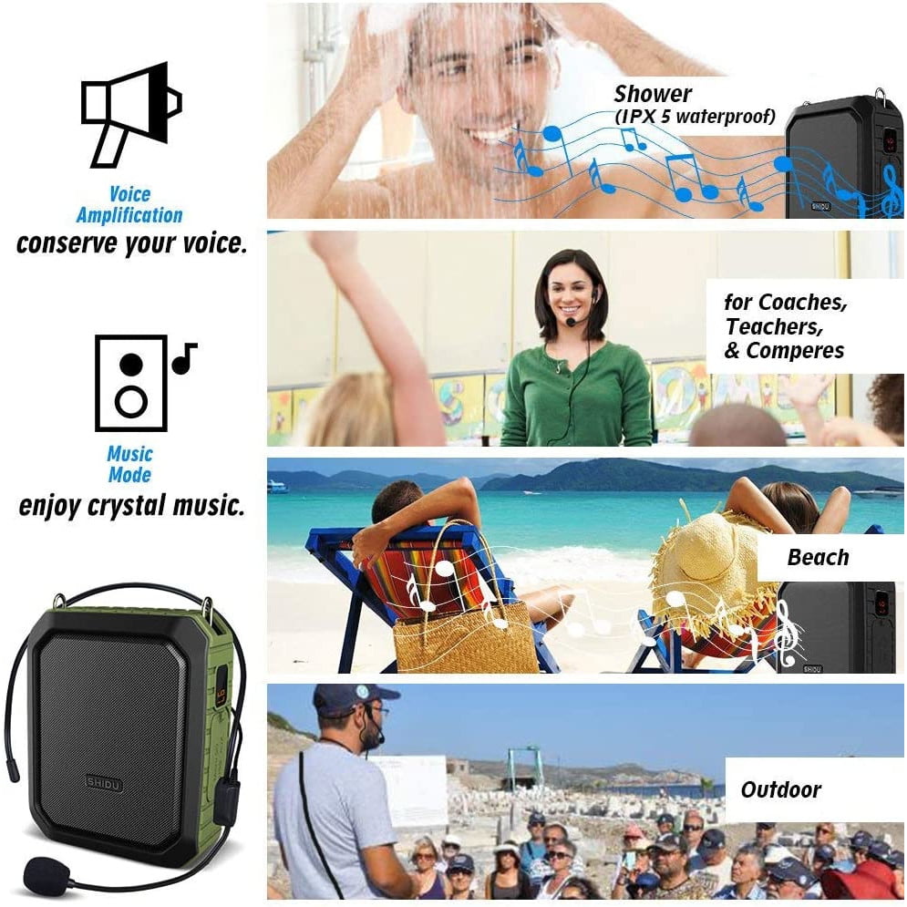 Megafon portavoce Bluetooth portabil, cu microfon headset, 18W, baterie 4400 mAh cu functie powerbank, slot card, impermeabil IPX5, pentru profesori, gid turistic, antrenor