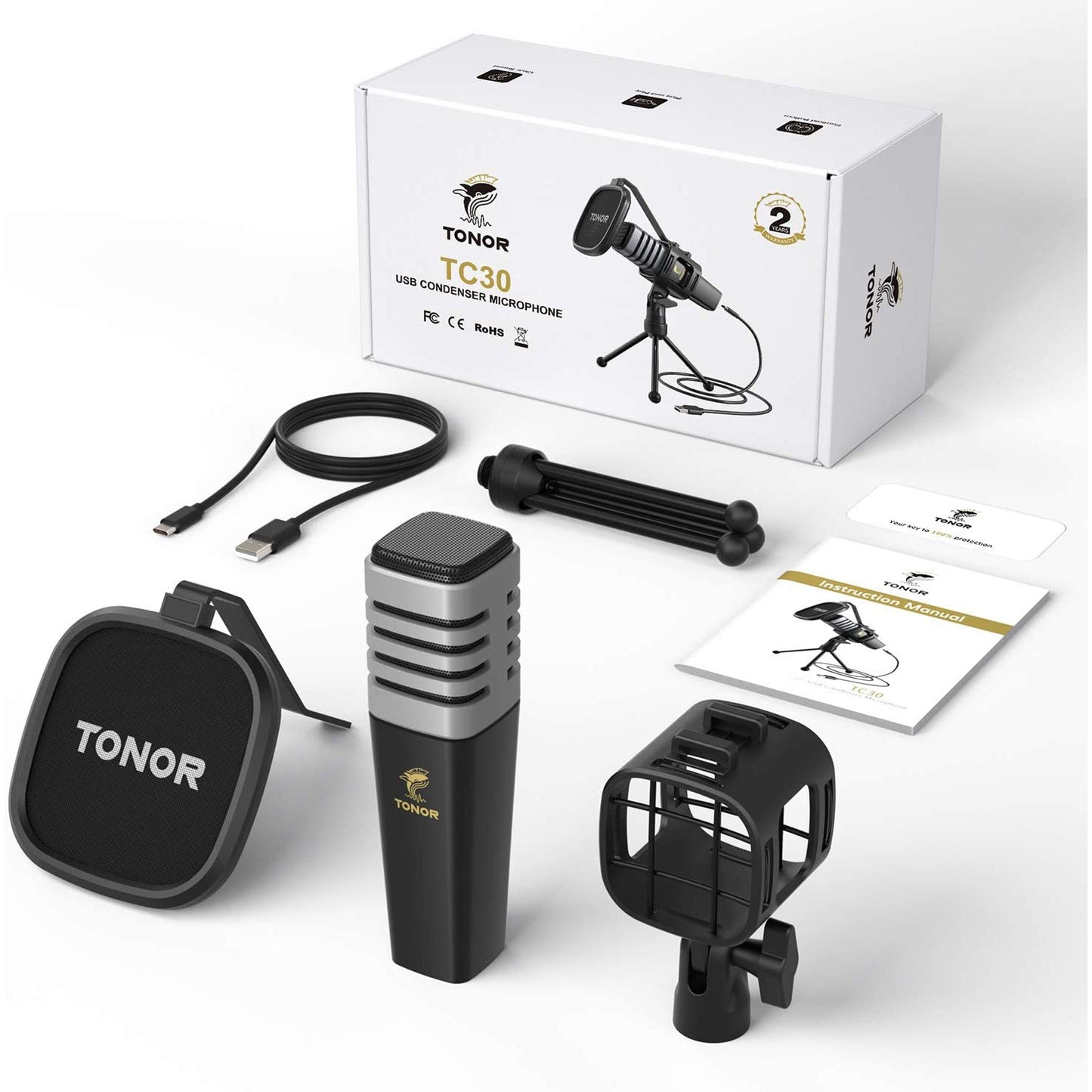 Microfon USB cu suport si filtru pop, Tonor TC30, plug and play, microfon condenser cardidoid pentru inregistrare, streaming, Podcast, Youtube, compatibil PS4, PC, Laptop