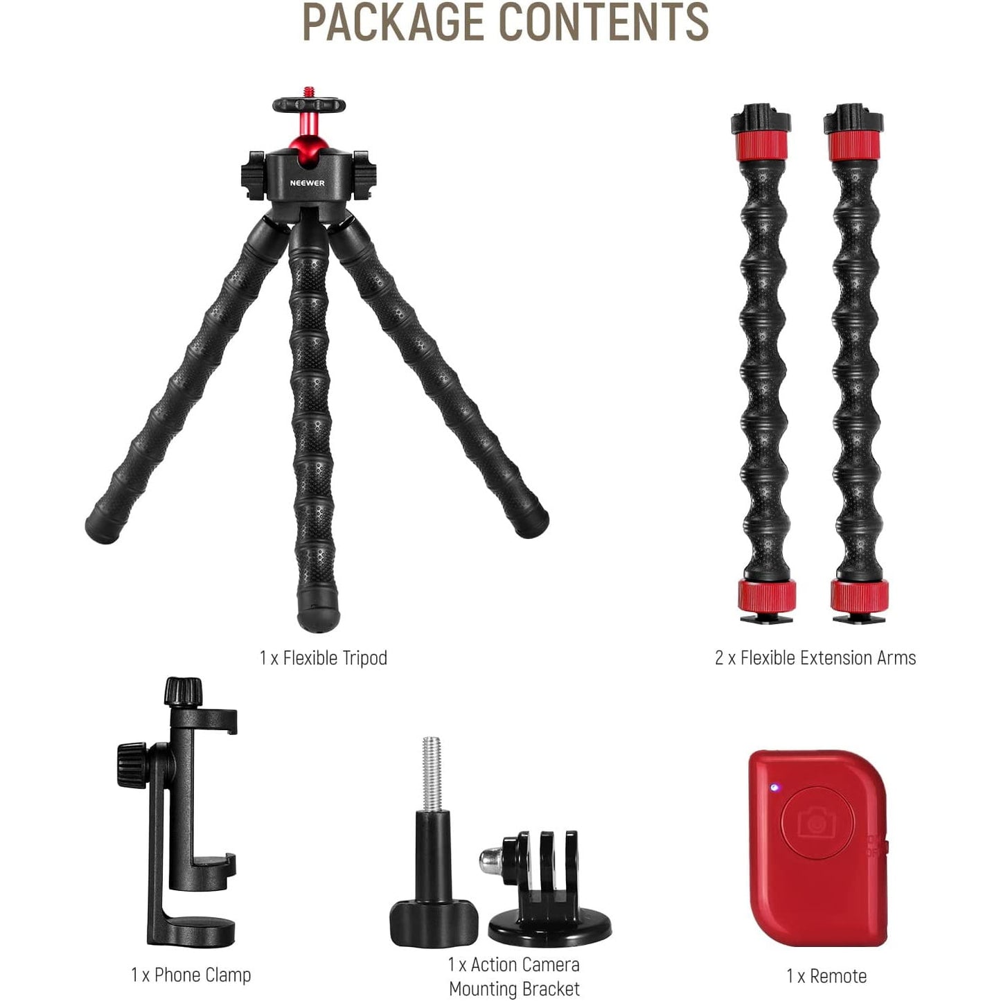 Trepied flexibil cu 2 brate detasabile cu montura cold shoe, cu telecomanda, montura cap rotativ tip bila, sarcina maxima 2 kg, pentru smartphone, video streaming, vlog, inregistrare
