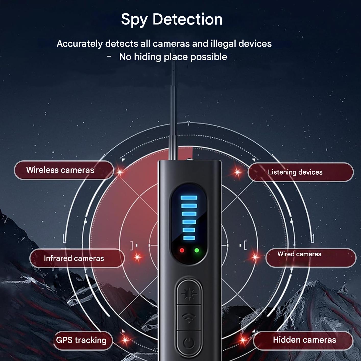 Detector profesional camere ascunse, aparate si dispozitive de spionaj, detector semnal RF, detectare tracker GPS, microfoane, baterie reincarcabila, compact, multifunctional