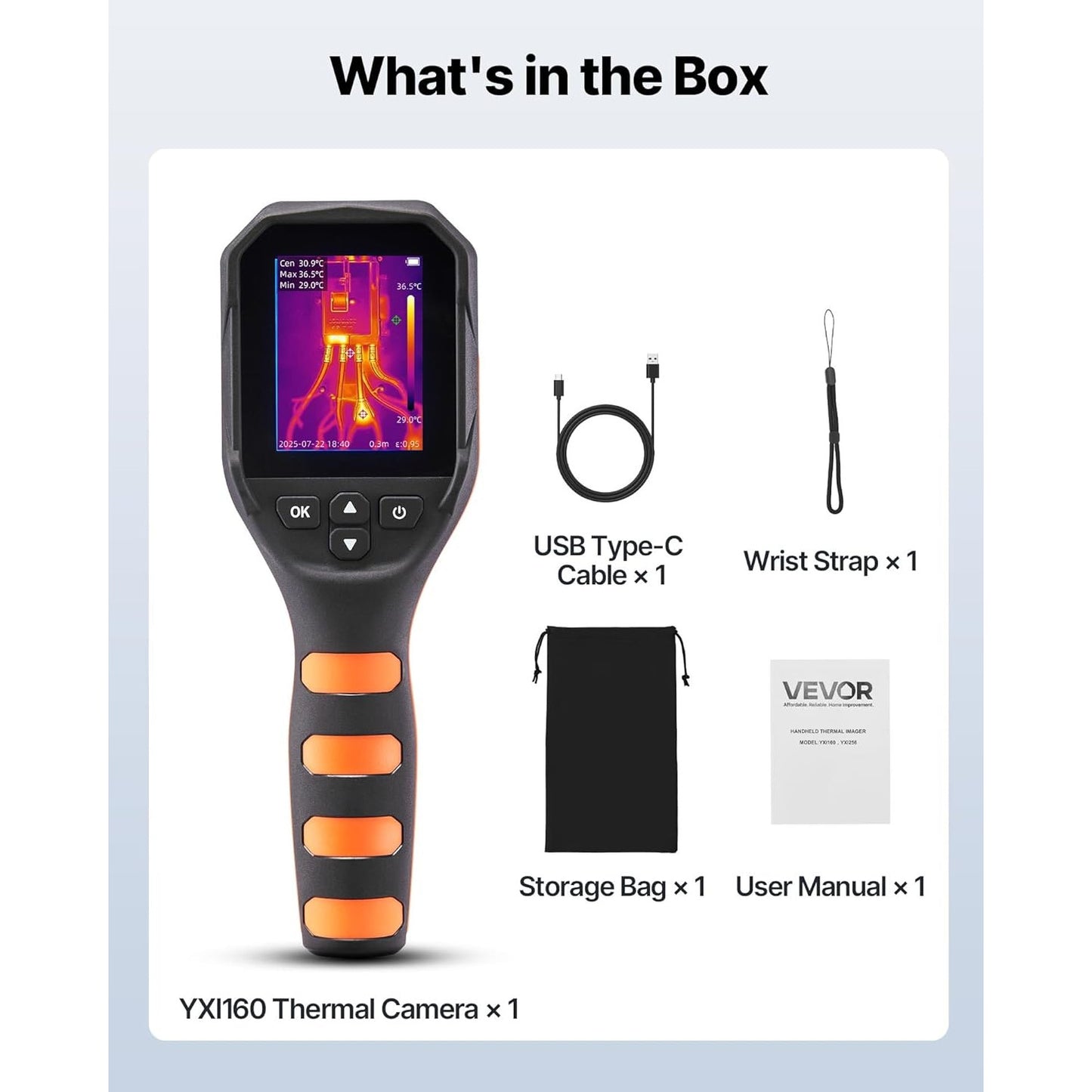Camera termoviziune VEVOR, TISR 320x240, IR 160x120, lanterna LED, camera 2MP, 25Hz, -20°C pana la 550°C, ecran 2.8 inch, IP54, 6 palete culori, 16GB, USB, pentru HVAC, electricieni si inspectii industriale