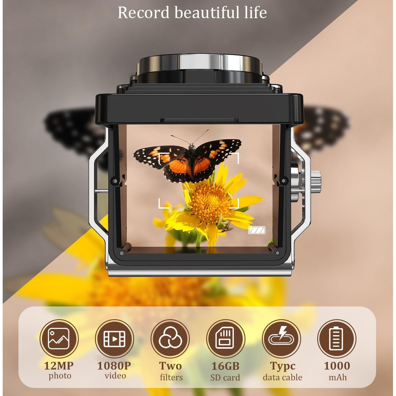 Camera digitala mini stil retro, 1080p FHD, 12 MP, cu manivela pentru focus, acumulator 1000 mAh, card memorie de 16 GB, filtru alb/negru, 8, 8 x 4.2 x 4 cm