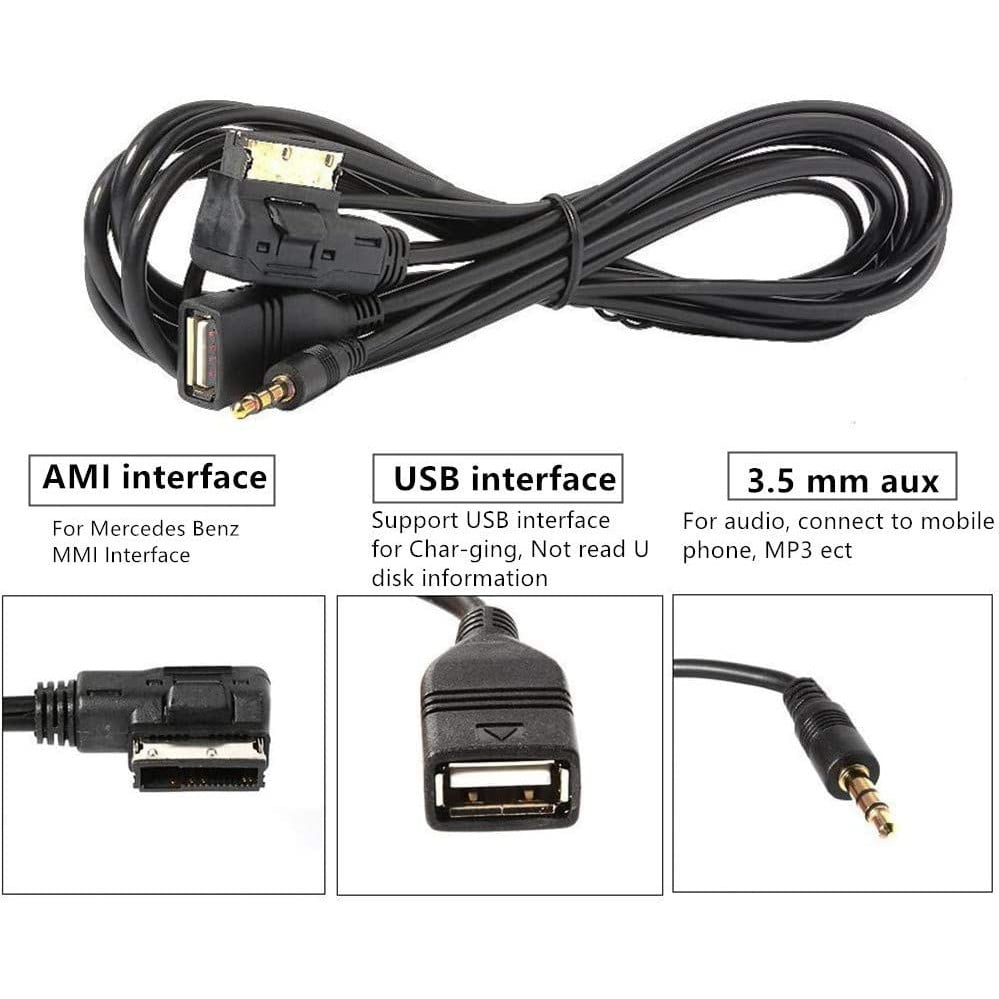 Cablu adaptor AMI MMI MDI la AUX Jack 3.5 mm si USB compatibil cu Mercedes Benz Clasa S SL CLS CL C SLK E ML GLK R cu Comand APS NTG 2.5 3 4.5