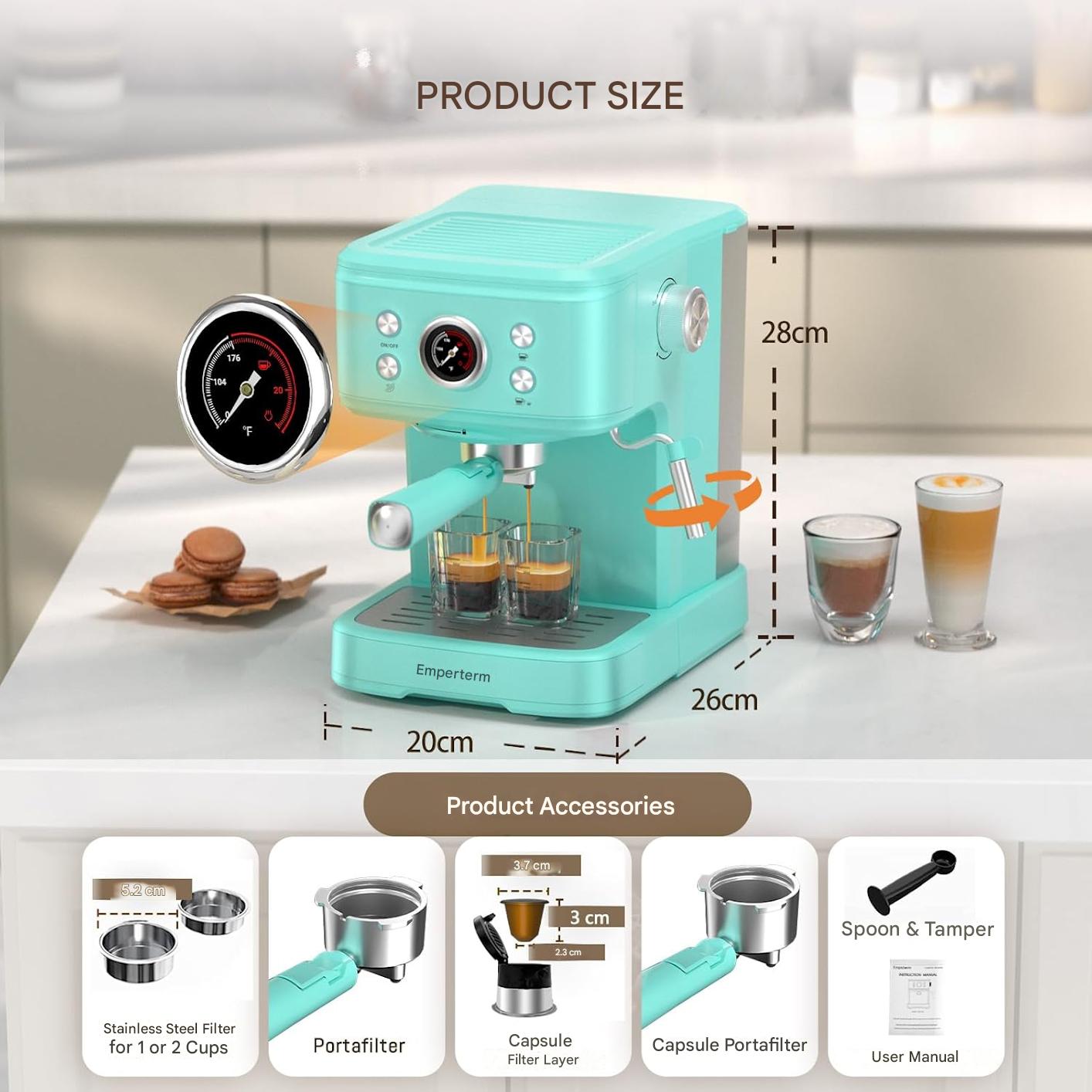 Aparat de cafea cu filtru de espresso Empstorm 20 bar, 1100 W, rezervor de apa de 1, 5 L, spumator de lapte profesional, aparat de espresso pentru cappuccino, latte si macchiato, albastru deschis