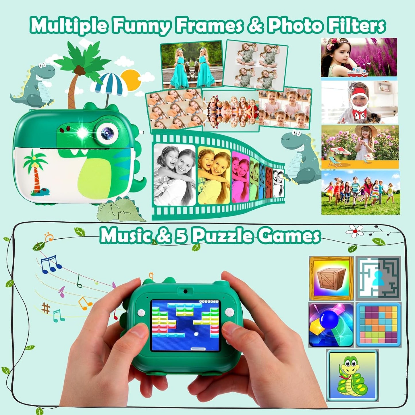 Camera foto instant pentru copii, camera instantanee cu functie printare, video HD 1080P, blit, functie MP3 Player, jocuri incorporate, slot card, cu 7 role hartie incluse