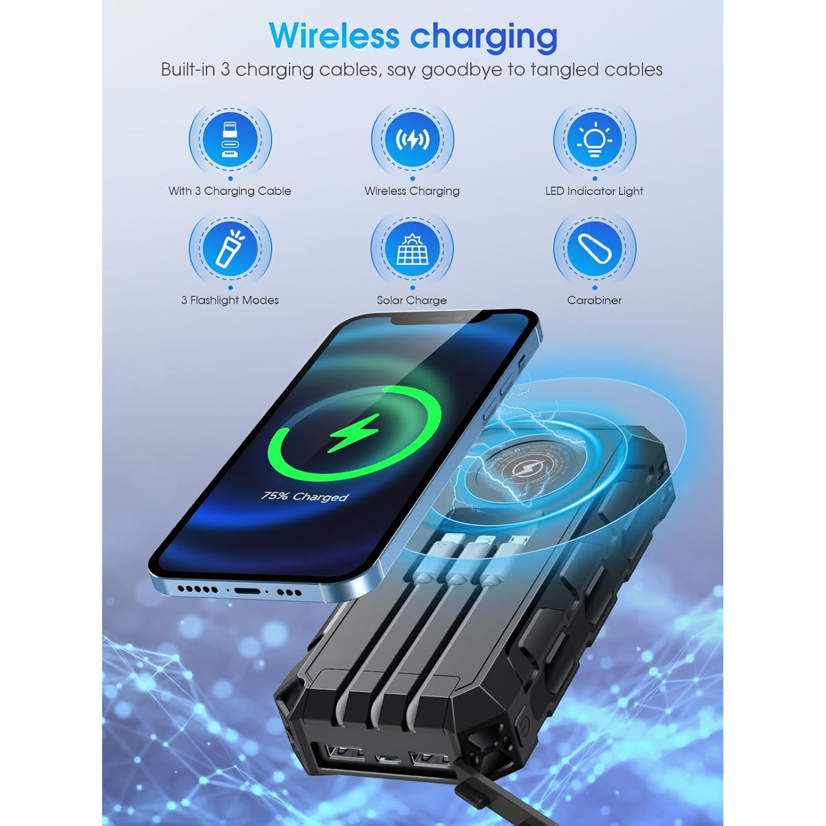 Baterie externa solara 49.920 mAh, Powerbank cu incarcare wireless, cablu USB-C, Lightning si Mini-USB incorporat, cu 2 intrari si 7 iesiri, lanterna LED, impermeabila si rezistenta la socuri