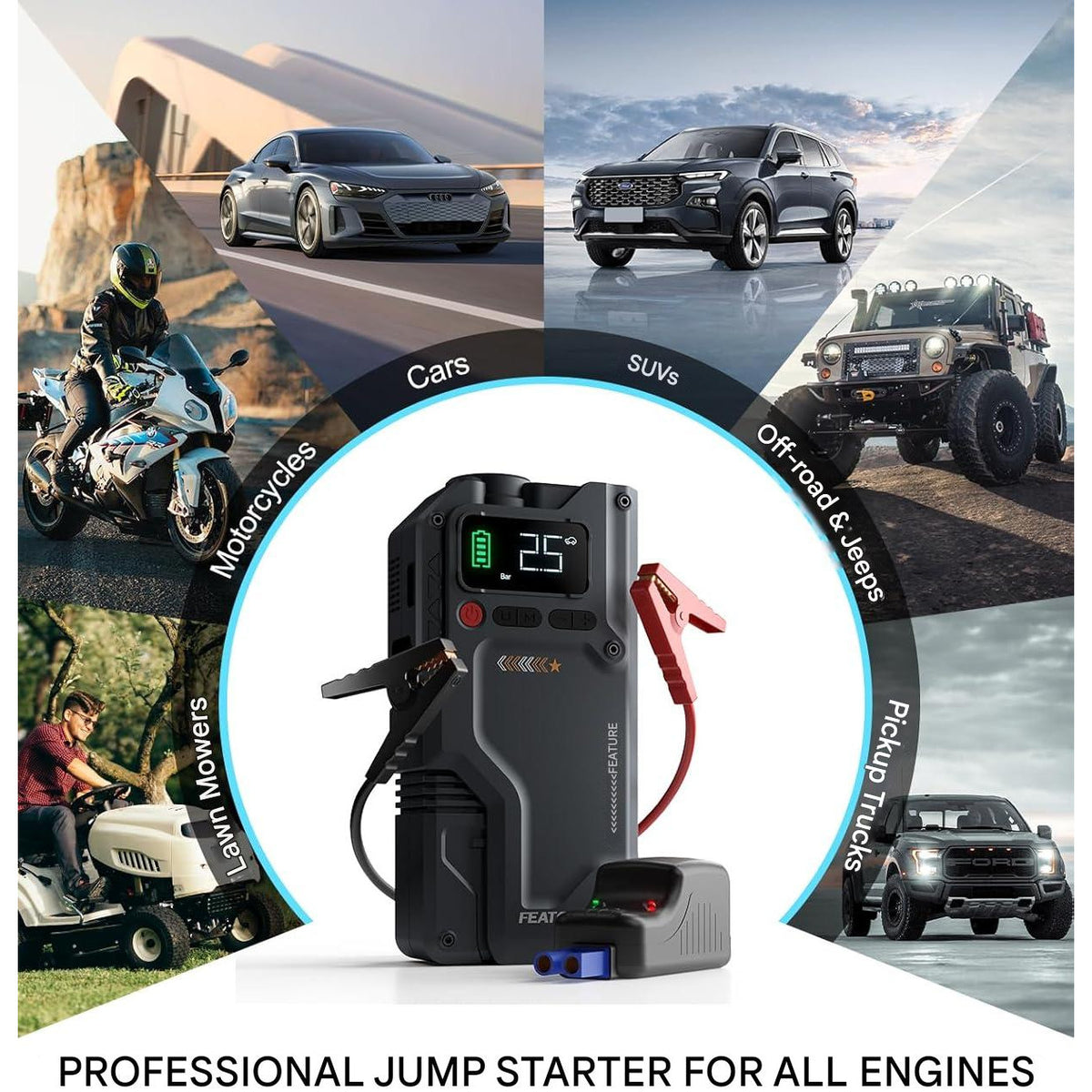 Starter auto multifuncțional FEATOU 8 în 1, curent 4500A, baterie externă, compresor 150 PSI, portabil