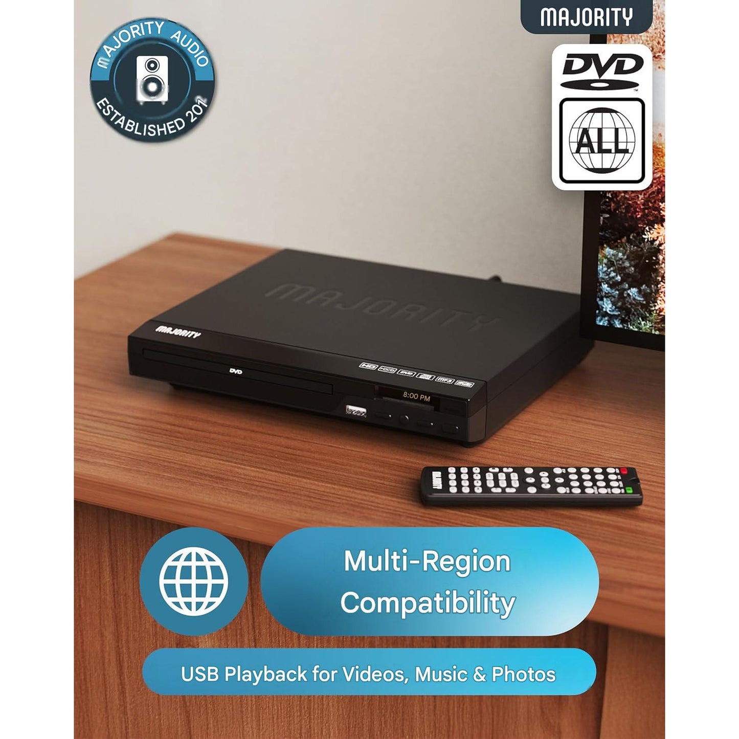 DVD Player pentru TV, compatibil toate regiunile, HDMI cu Upscaling Full HD 1080p, redare USB si CD/DVD/MP3/JPEG, functie anti-soc, telecomanda si cablu HDMI incluse, negru