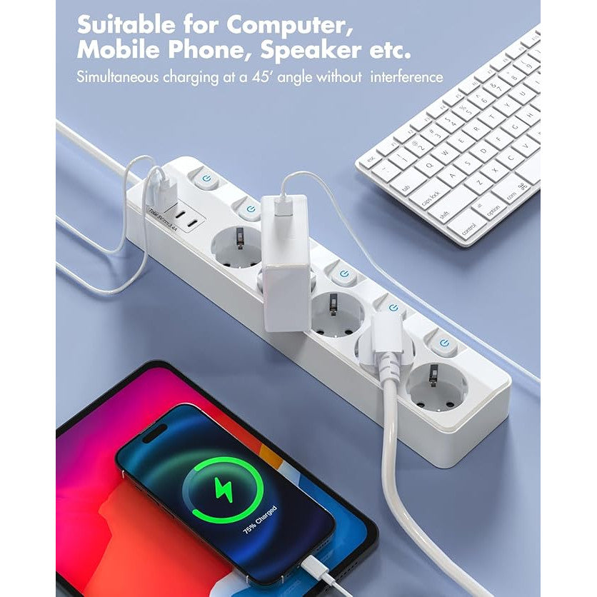 Prelungitor pentru perete/podea, 5 prize cu intrerupator individual, 2 porturi USB-C, 2 port USB-A, cu prindere pentru perete, 4 picioare silicon, cablu de 2 m, protectie la supratensiune, material ignifug, alb