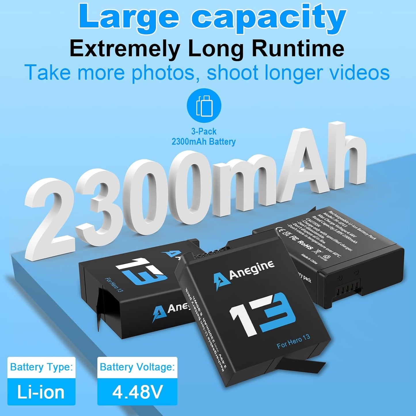 Set 3 acumulatori 2300 mAh pentru GoPro Hero 13 Black cu incarcator cu 3 sloturi, display LCD, cablu USB-A si slot USB-C, negru
