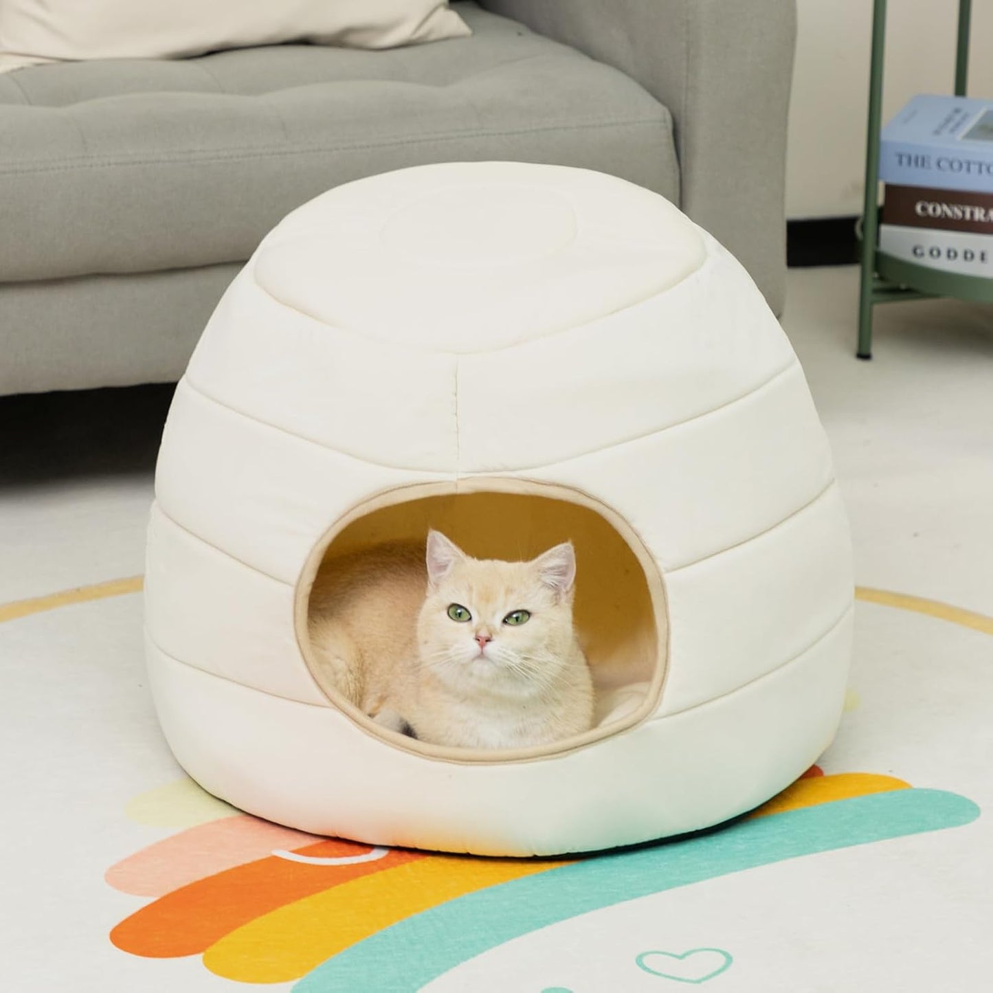 Patut caini si pisici 2 in 1, culcus pliabil pentru animale de companie mici, forma casuta si pat, din bumbac si tesatura de catifea, bej