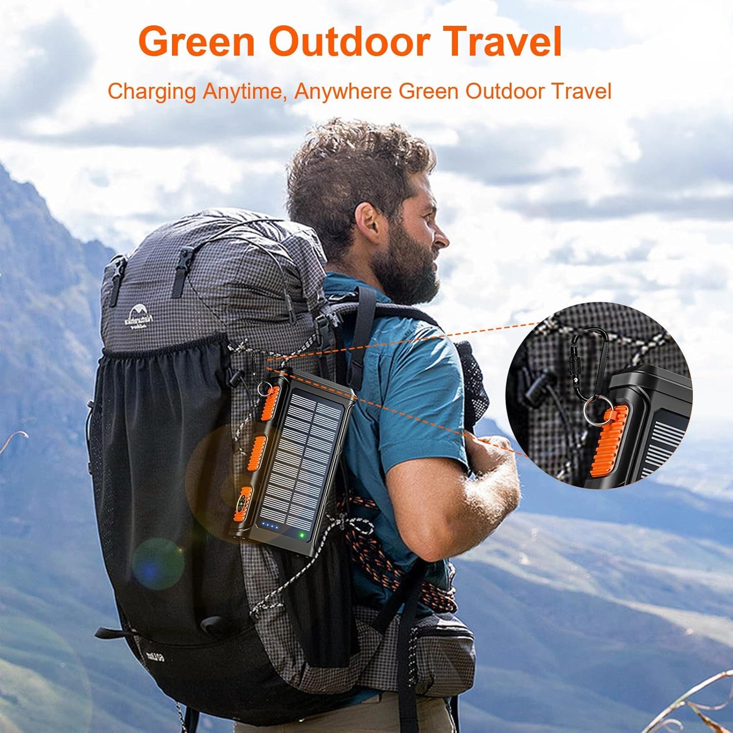 Baterie externa wireless solara, 26800 mAh, Power Bank cu incarcare wireless QI, cu manivela si 4 cabluri, lanterna 3 moduri LED, busola incorporata, carabina, baterie externa pentru camping si drumetii