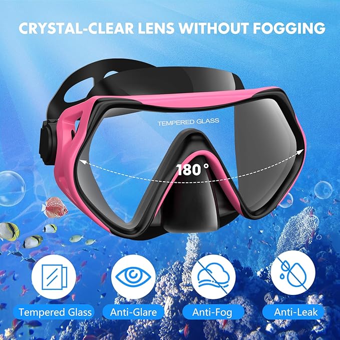 Set masca de snorkeling profesionala anti-ceata cu snorkel, cureaua reglabila, inchidere cu bila, sticla securizata, din silicon alimentar de inalta calitate, pentru barbati si femei, masca de scafandru pentru scufundari, negru/roz