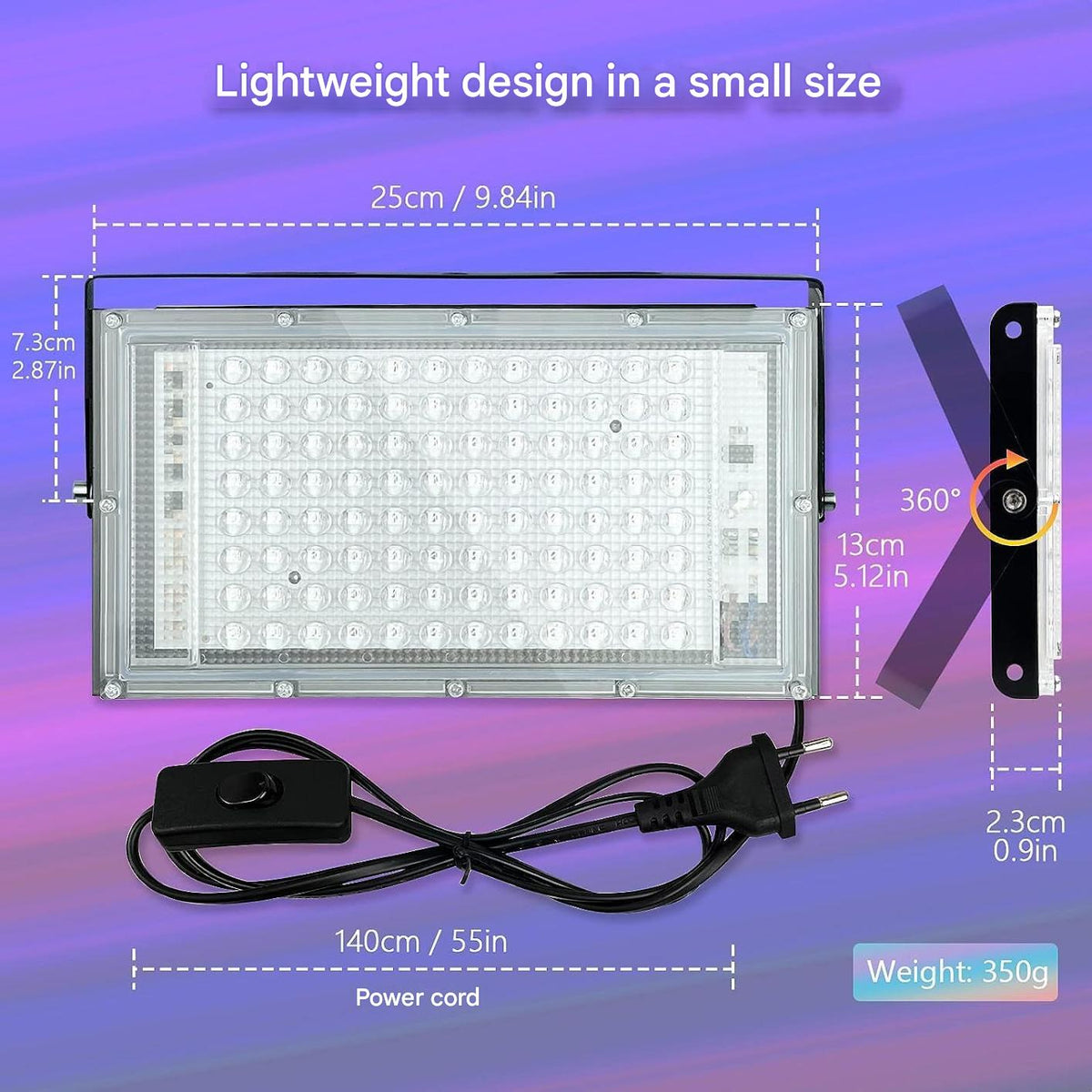 Proiector UV LED 100W IP66 395-400nm, lumina neagra 395-400 nm, IP66 impermeabil, 96 LED, unghi 180°, carcasa aluminiu, intrerupator + cablu 1.5 m, suport reglabil 360°, pentru petreceri, bar, club, Halloween, scena