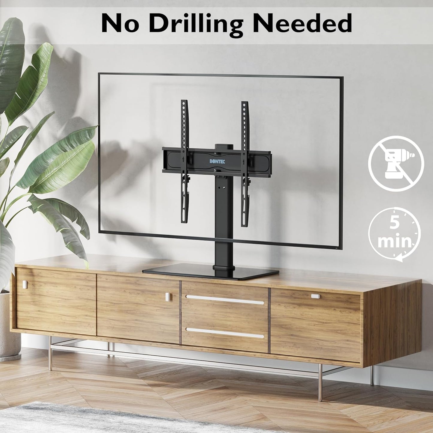 Suport TV cu stand de masa/birou, pentru televizor plat si curbat 26-55 inch, suporta greutate pana la 45 kg, VESA 400 x 400 mm, pivotare 50°, inaltime ajustabila, prinderi din otel, multifunctional