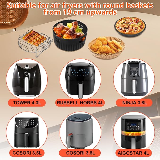 Set accesorii compatibile friteuza cu aer cald 4 x 19 cm - gratar, tava pizza si hartie de copt siliconica pentru Russell Hobbs 4L, Philips 2000 4, 2L, Ninja 5, 2L, COSORI 3, 8L