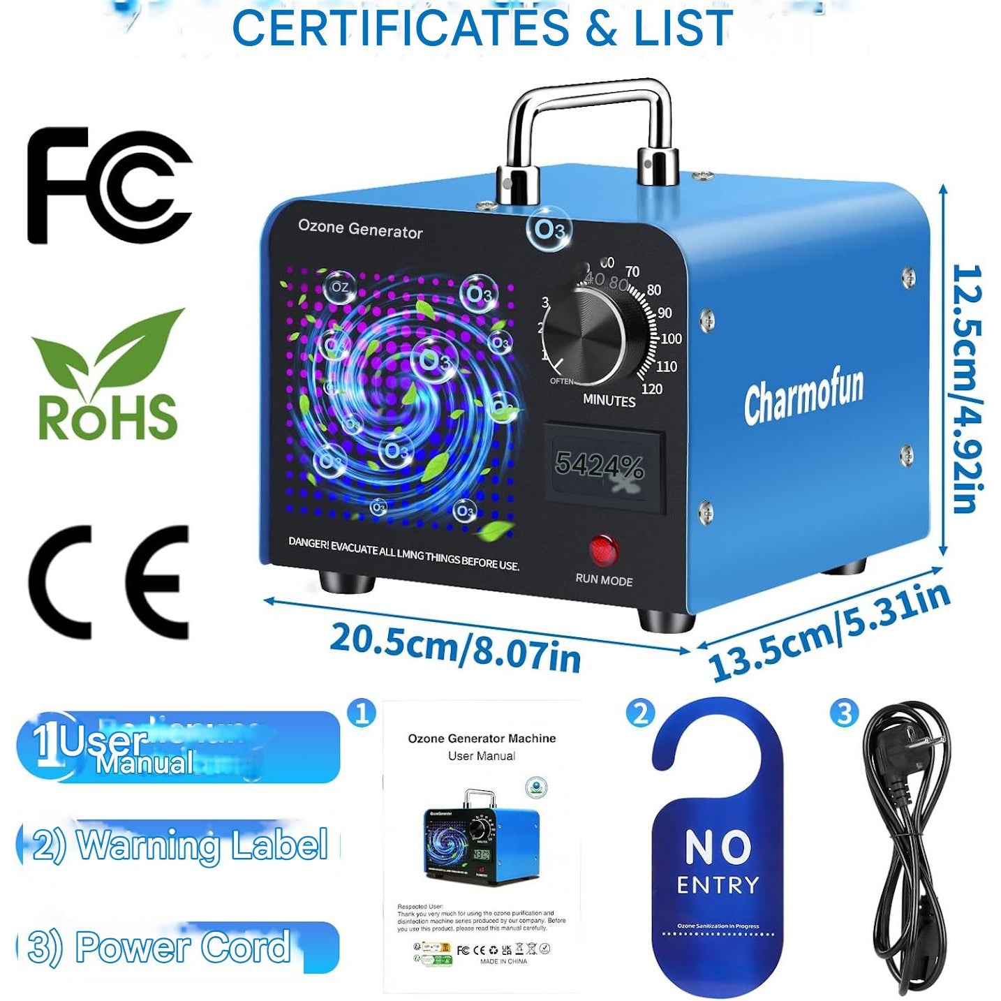 Generator profesional de ozon, 60.000 mg/h, temporizator 120 min, sterilizare, dezinfectare, cu afisaj temperatura si umiditate, purificator de aer O3 pentru masina, casa, bucatarie si zone cu animale - albastru