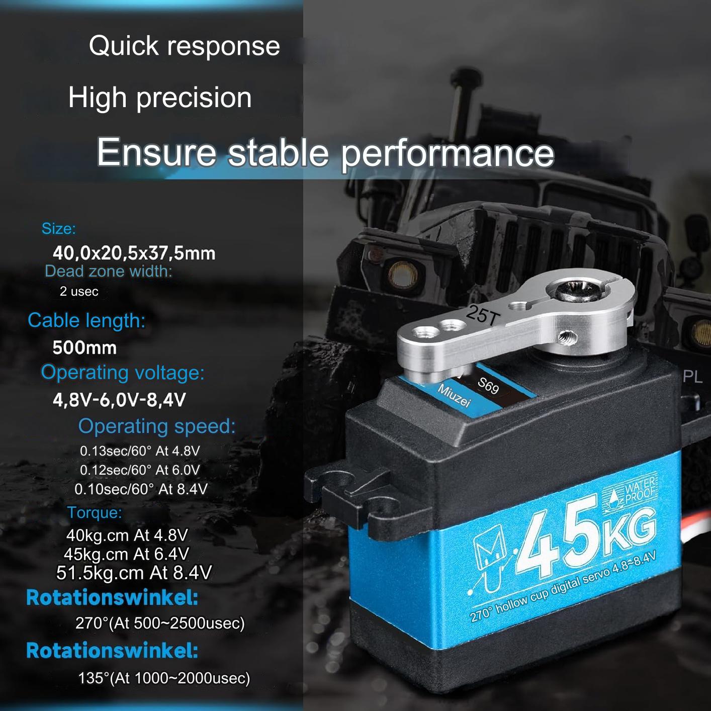 Set 2 servomotor RC 45Kg, 4.8V - 8.4V, impermeabil, angrenaj metalic, unghi operare de 270°, pentru brat robot, barca RC, masina RC, model avion, model elicopter, cu cablu de 0.5 m