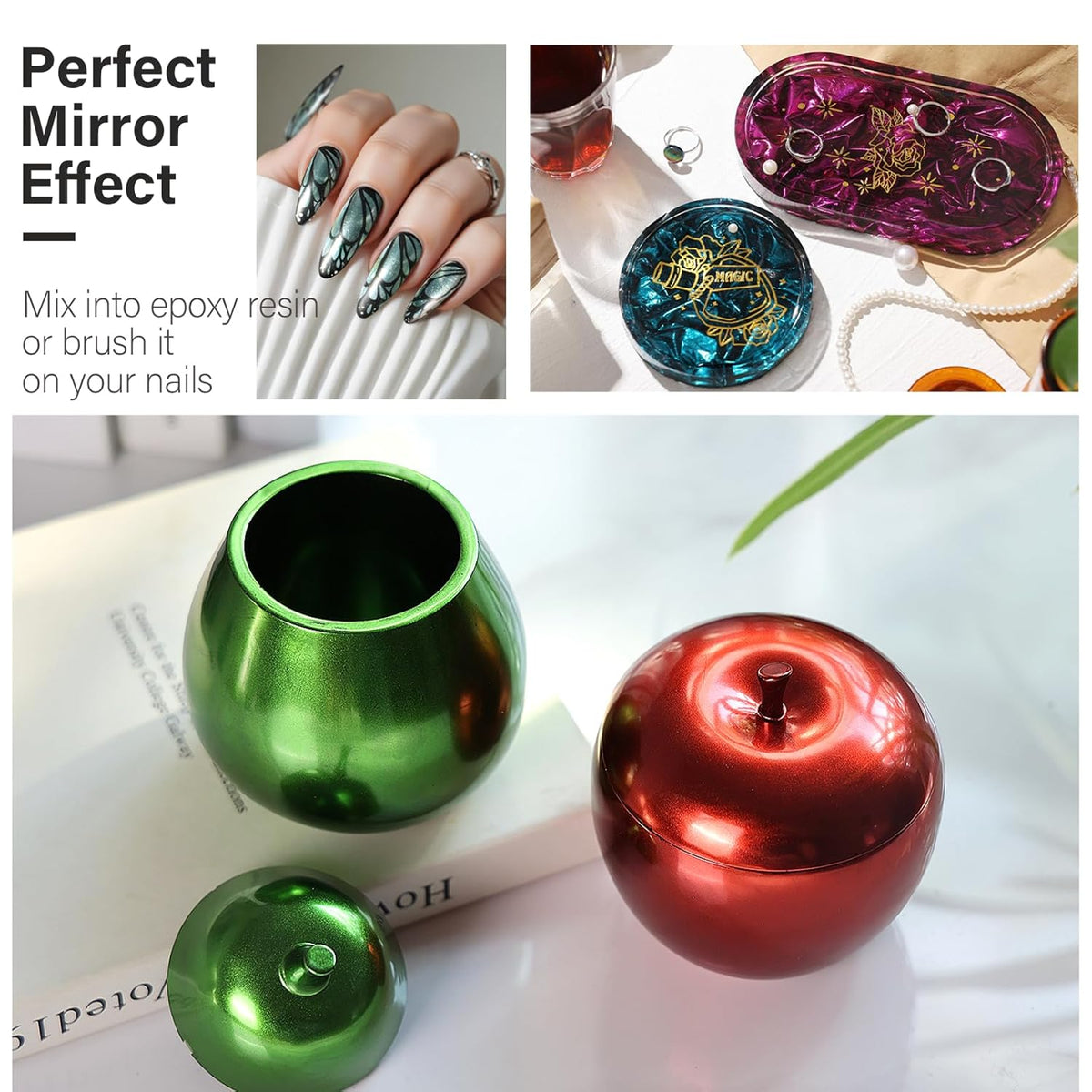 Pigment cromat pentru rasina 10 culori, 20g, pigmenti metalici pentru rasina epoxidica, efect oglinda mirror shine stralucitor, pigment fin ultra-reflexiv, usor de amestecat, pentru arta in rasina, turnare epoxidica, nail art, DIY Craft sau lumanari
