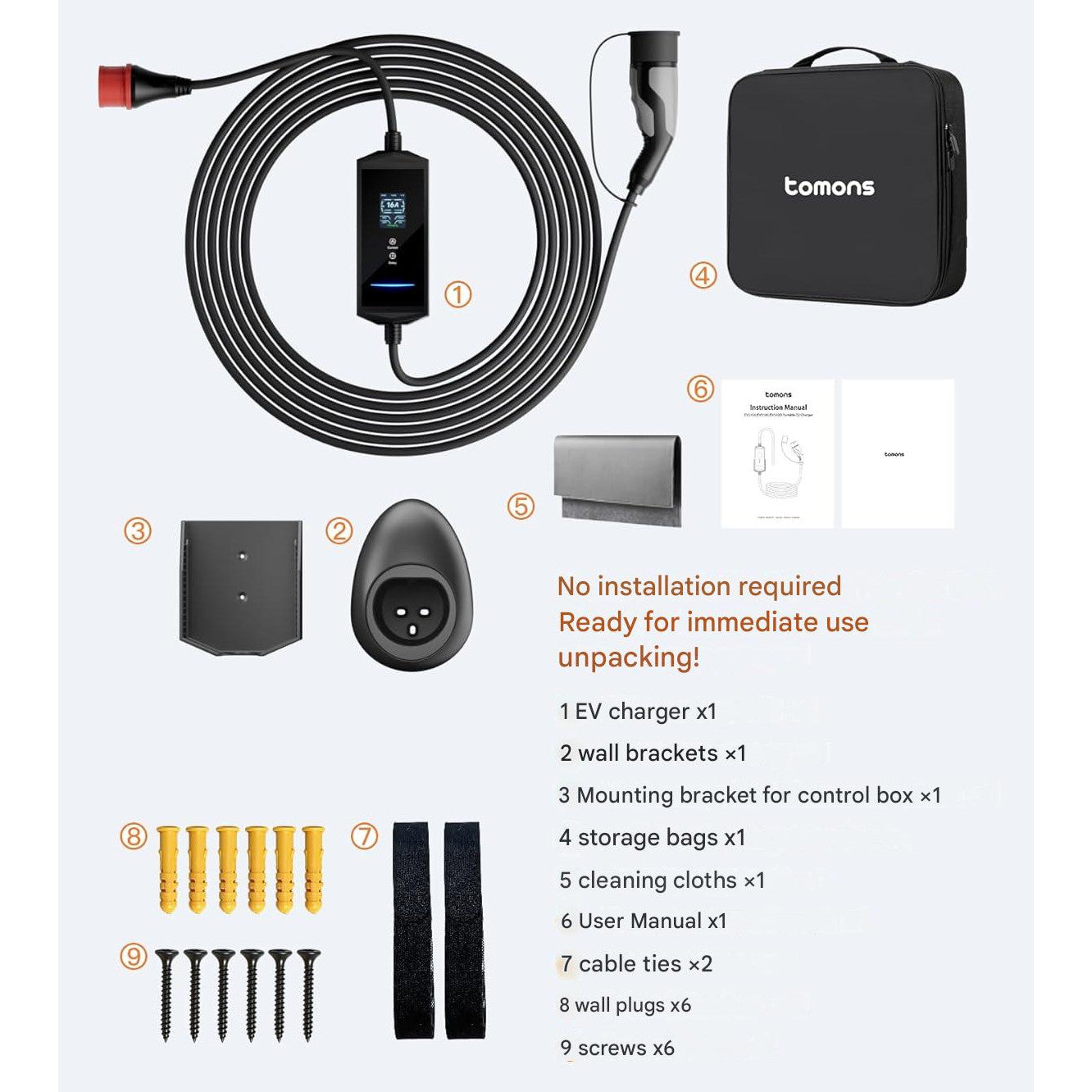 Statie de incarcare portabila EV Tomons 11kW (Mobile Wallbox), Type 2 7m, 400V trifazic 6-16A reglabil, aplicatie Bluetooth, ecran LCD 2.4”, IP65, timer, compatibil Tesla Model 3/Y, VW ID.3/4/5/7
