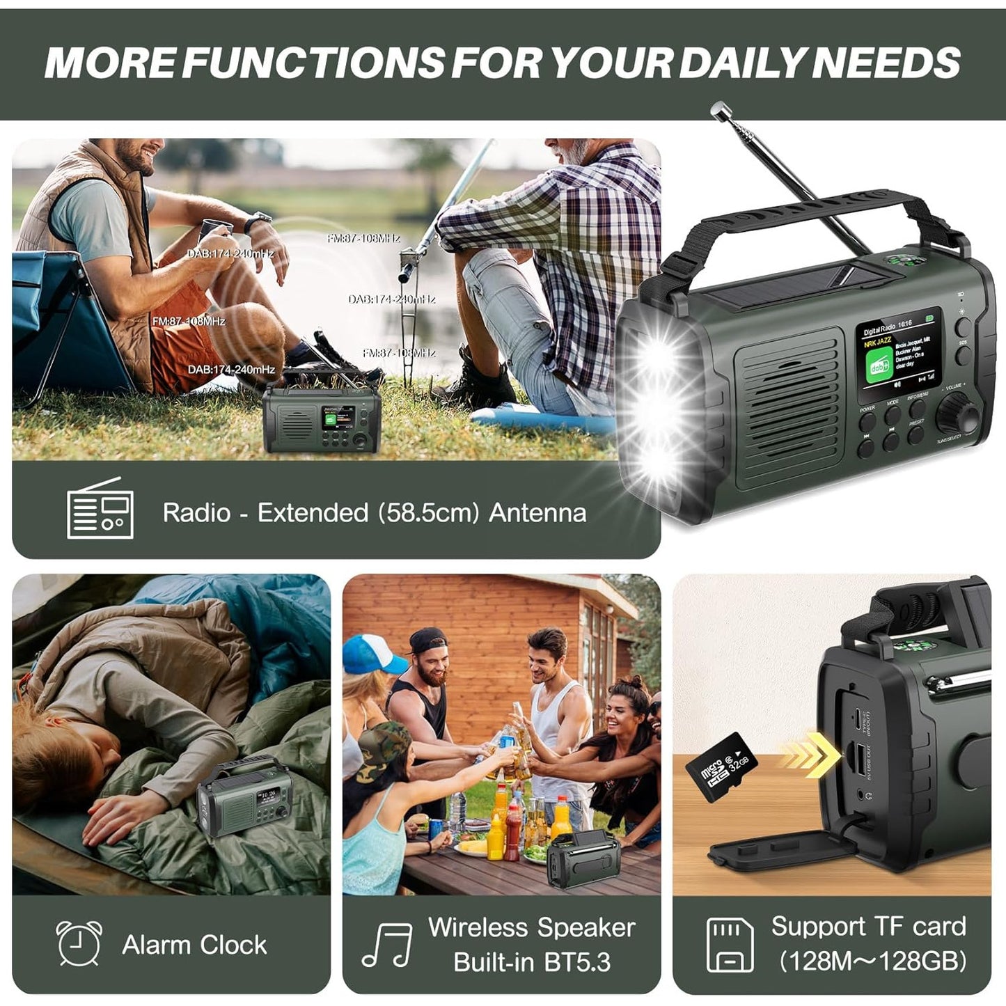Radio de urgenta DAB/FM, 20000 mAh, manivela si panou solar, Bluetooth, powerbank, AUX, lanterna LED, alarma SOS, busola, ceas, incarcare USB, verde