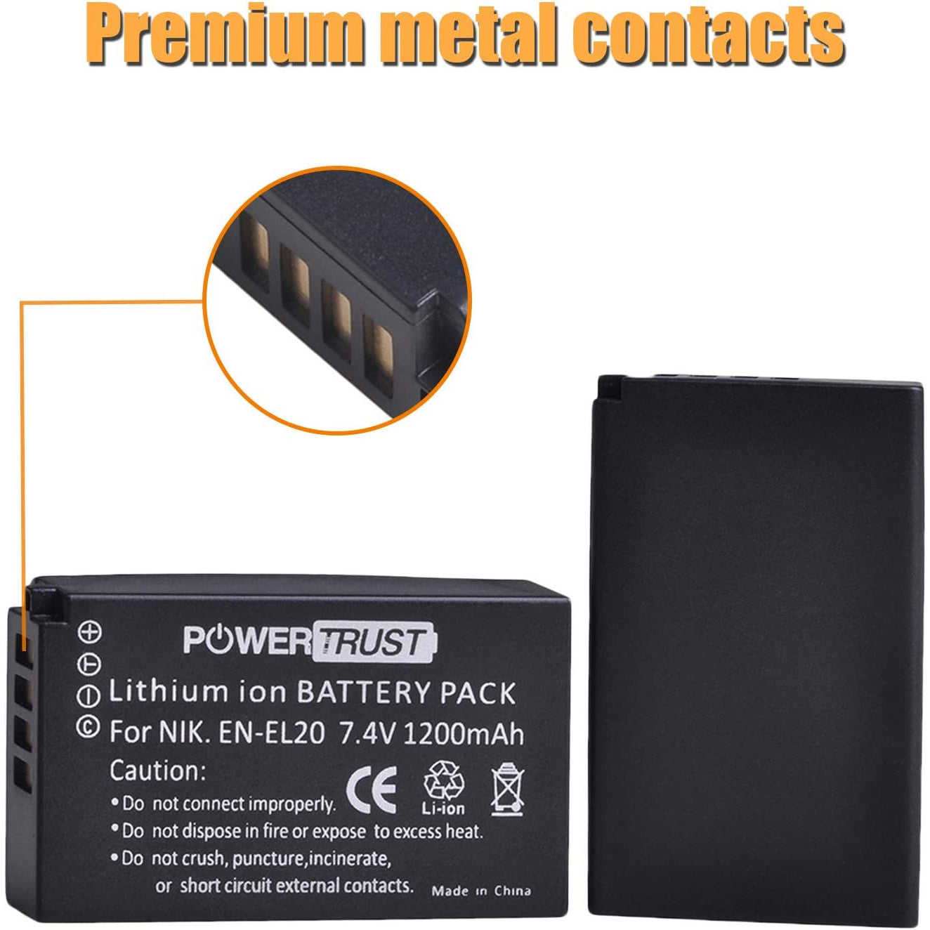 Set 2 acumulatori EN-EL20 EN-EL20 1200 mAh PowerTrust cu incarcator cu display LCD pentru Nikon EN EL20, Coolpix A 1 AW1, 1 J1, 1 J2, 1 J3, 1 S1, 1 V3