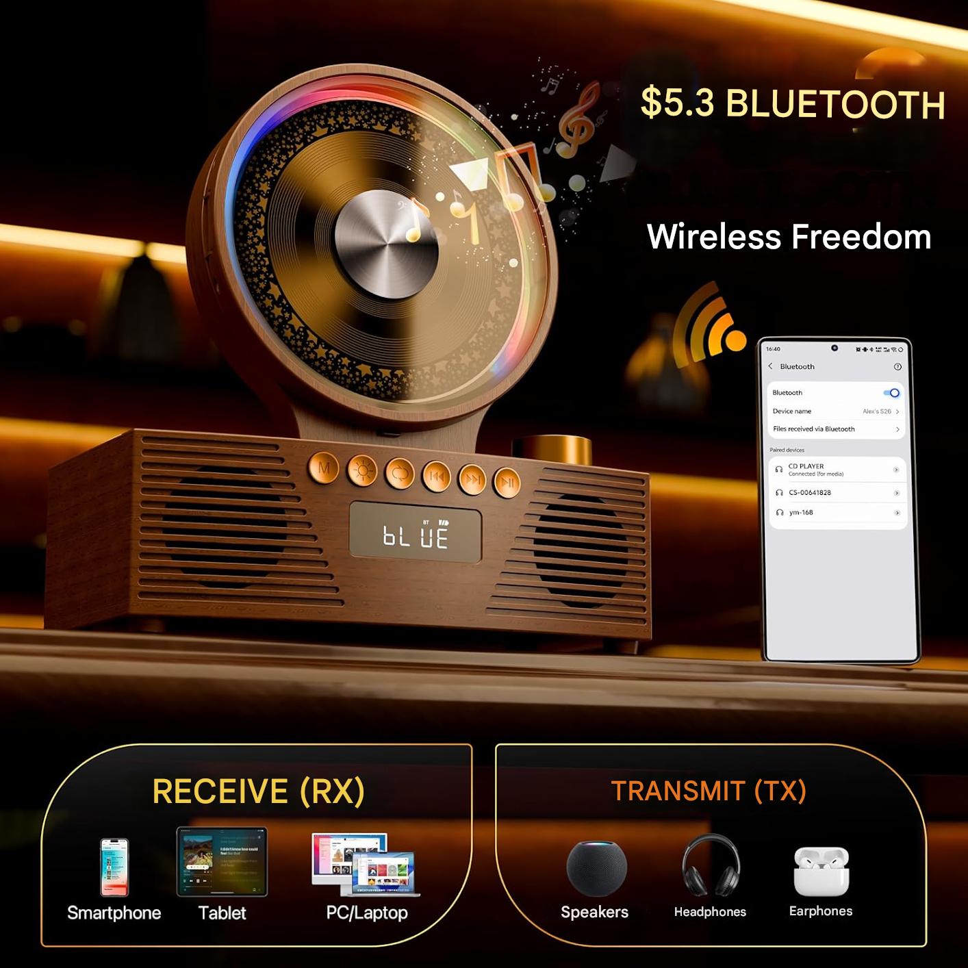 CD player portabil ROADOM Bluetooth 5.3, difuzoare duale Hi-Fi, baterie 4000 mAh, 6 in 1 CD, USB, TF, FM, AUX, lumina RGB, telecomanda, design retro vintage din lemn, maro
