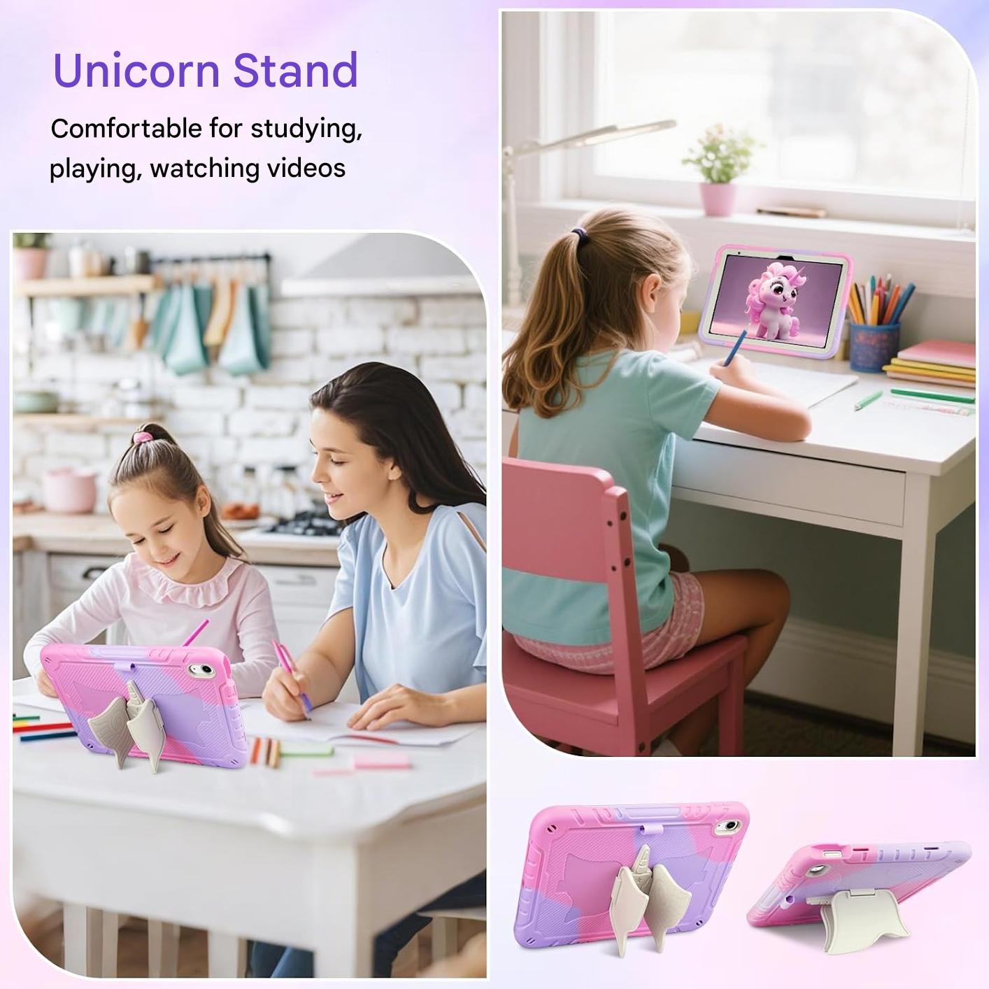 Husa pentru iPad (A16) a 11-a generatie de 11 inch 2025, iPad a 10-a generatie de 10,9 inch 2022 pentru copii, cu protectie pentru ecran, curea de umar, suport unicorn pentru creio - roz