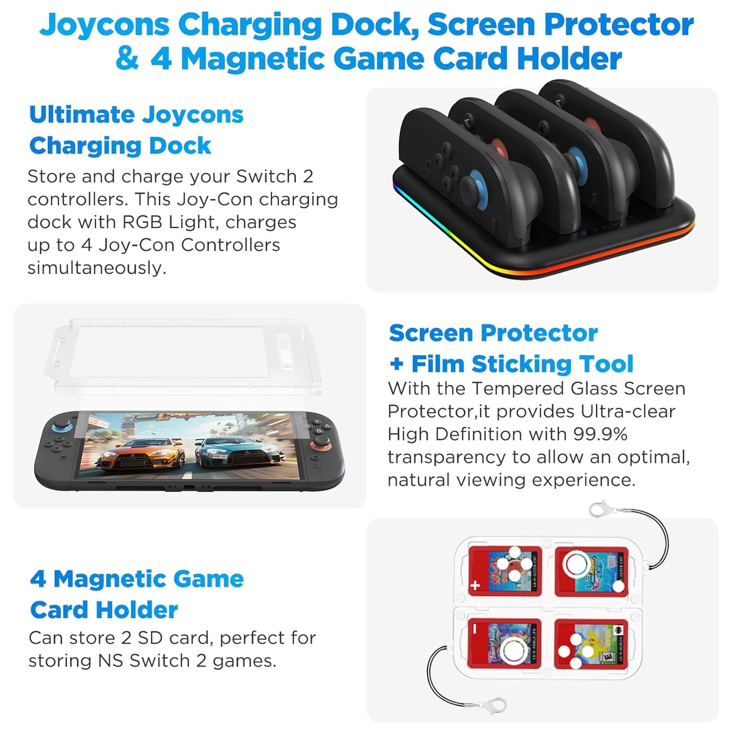 Set accesorii Yaskyly 15 in 1 pentru Nintendo Switch 2 – Geanta, husa protectie, folie ecran, suport, statie incarcare Joy-Con, husa transport si cutie pentru jocuri