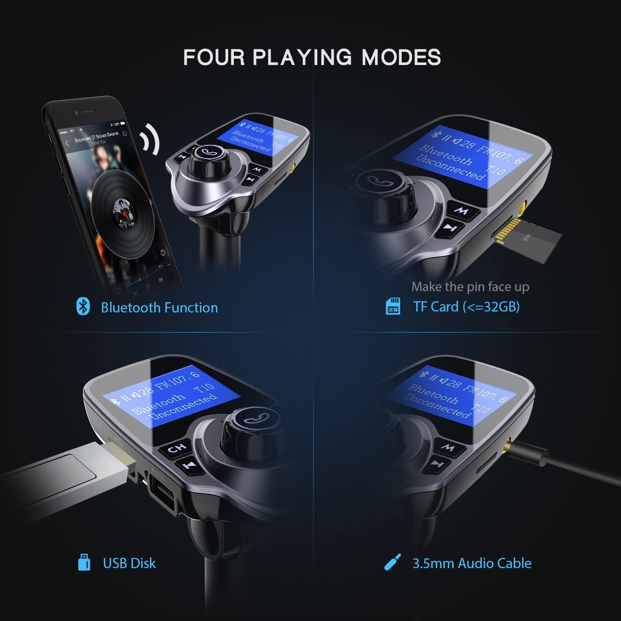 Modulator FM Bluetooth , Transmitator FM , MP3 player, Aux In, FM kit, USB 2.4A , micro SD, USB