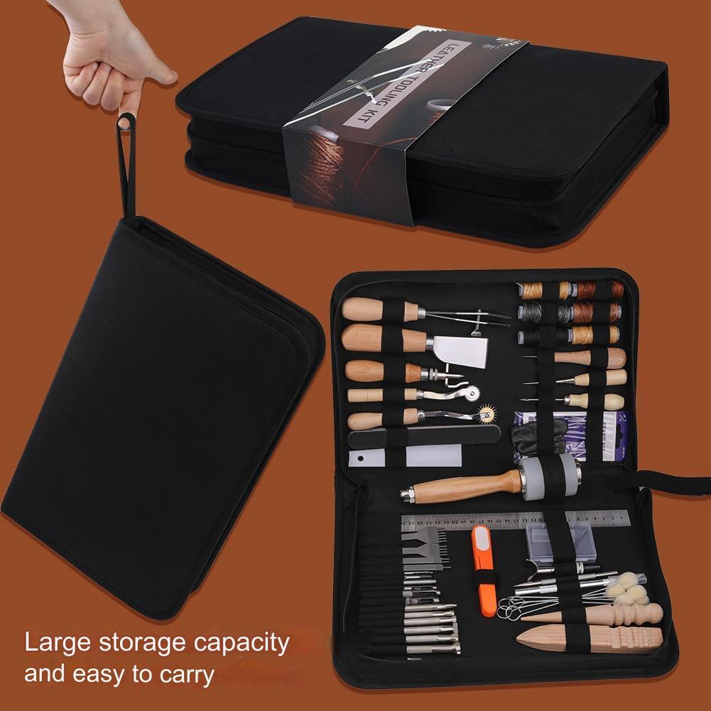 Set profesional de prelucrare a pielii, 65 de piese, stampile, perforatoare, scule marochinarie cu geanta de depozitare