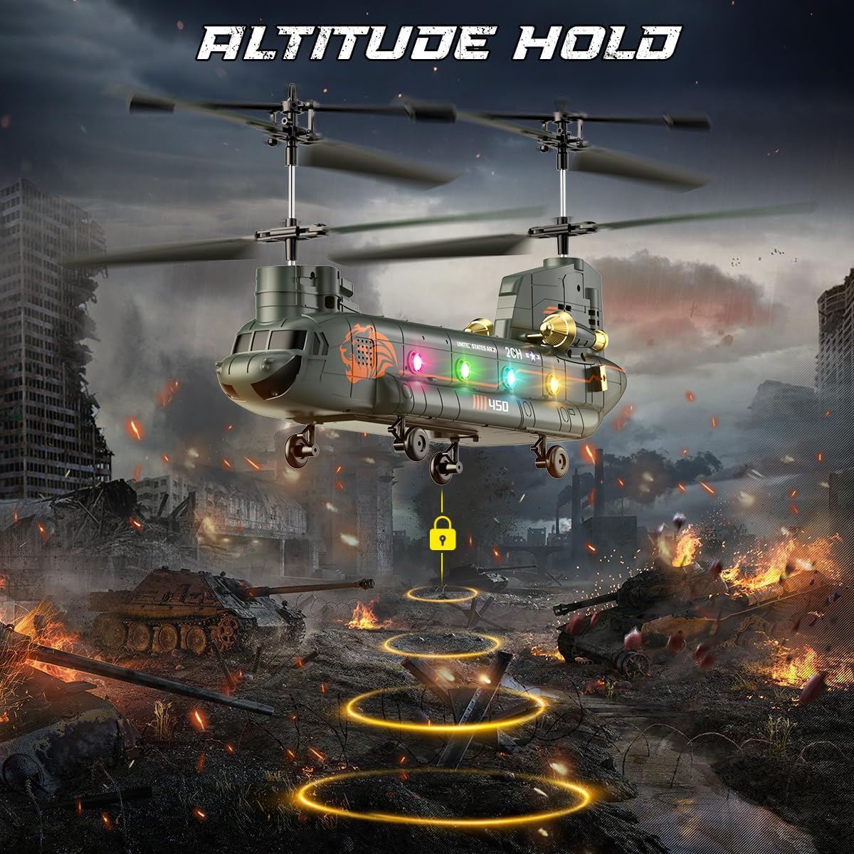Elicopter cu telecomanda VATOS Chinook RC 2.4GHz, elicopter militar cu 2 motoare si 2 baterii reincarcabile, mentinere altitudine, decolare si aterizare cu un singur buton, lumini LED, sistem anti-blocare, zbor interior/exterior, pentru copii si adulti