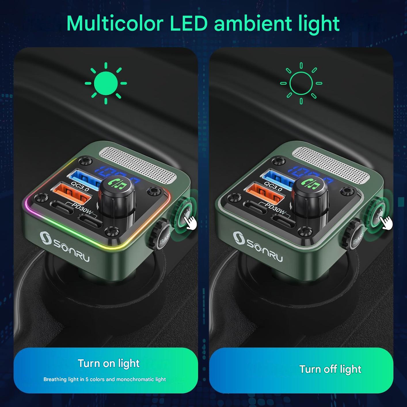 Modulator FM Bluetooth 5.3 SONRU pentru masina, incarcare rapida PD 36W si QC 3.0 18W, hands-free, HiFi Bass, redare USB/U-Disk, lumini LED 7 culori, apeluri wireless, compatibil iPhone, Samsung, Xiaomi, USB-C si USB-A
